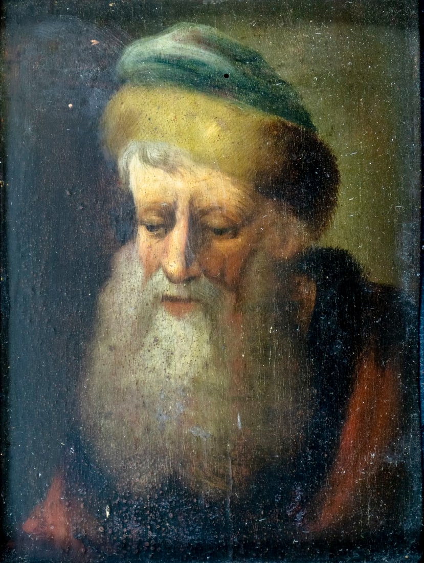 Antique 19C European oil painting: ARTIST: - (Europe, 19 century) TITLE: Portrait of Old Man MEDIUM: oil on board CONDITION: One nail hole. Few minor paint losses mostly along edges. No visible inpaint unde