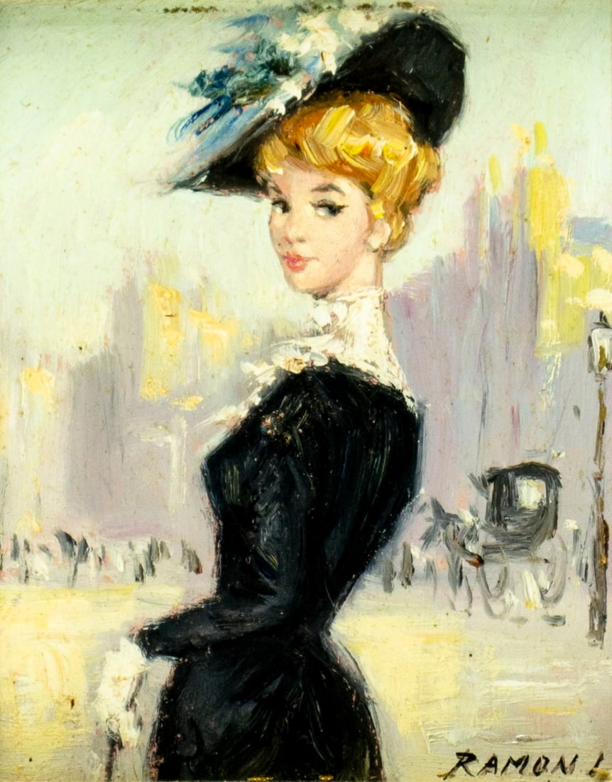 Luis Ramon (France,20C) oil painting: ARTIST: Luis Ramon (French, 20 century) TITLE: Portrait of Parisian Lady MEDIUM: oil on board CONDITION: Overall good. No visible inpaint under UV light. Wear to frame. <