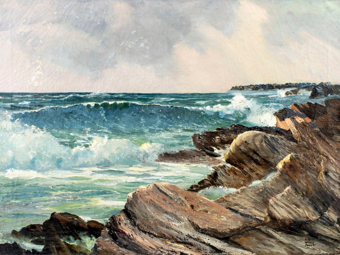 Antique early 20C American oil painting signed: ARTIST: - (American, early 20 century) TITLE: Seascape MEDIUM: oil on canvas CONDITION: Some flaking/paint losses (see pictures carefully). Some craquelure. No visible inp