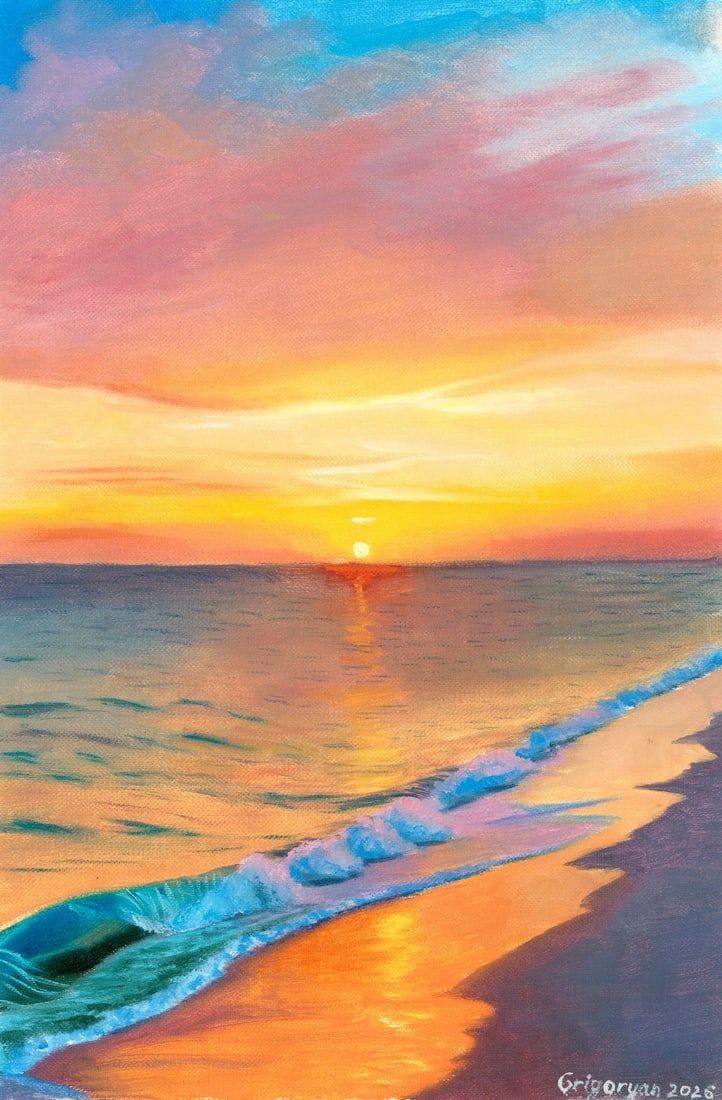 Karina Grigoryan (Ukraine,20/21C) oil painting: ARTIST: Karina Grigoryan (Ukraine, 20/21 centuries) TITLE: Sunset Seascape MEDIUM: oil on heavy paper CONDITION: Very good. No visible inpaint under UV light. ART