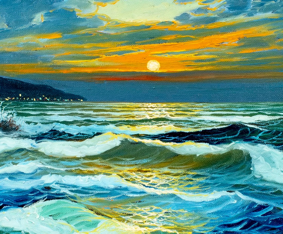 Massimo Orsucci (Italy,1946-2025) oil painting: ARTIST: Massimo Orsucci (Italian, 1946 - 2025) TITLE: Sunset Seascape MEDIUM: oil on canvas CONDITION: Very good. No visible inpaint under UV light. Wear to frame.