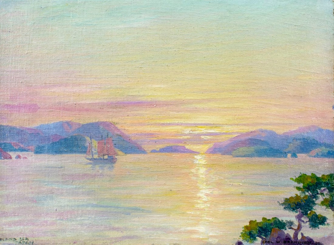 Carl Brandien (NY,1886-1965) oil painting antique: ARTIST: Carl William Brandien (New York, 1886 - 1965) TITLE: Seascape - Inland Sea, Japan YEAR: 1930 MEDIUM: oil on canvas. Canvas applied to board. CONDITION:<