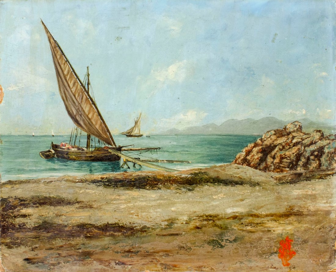 Antique early 20C French oil painting signed: ARTIST: - (France, early 20 century) TITLE: Seascape with Fishing Boats MEDIUM: oil on board CONDITION: Some damages to edges and corners. Minor paint losses. No visible i