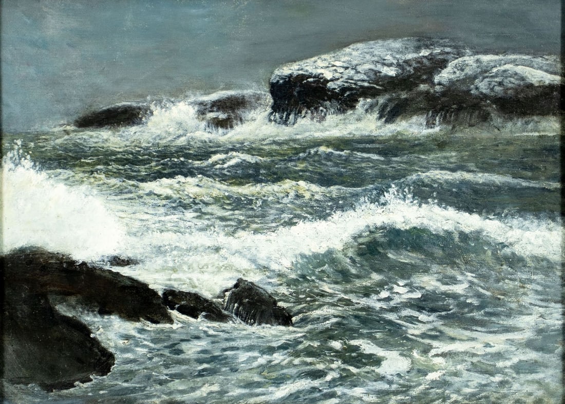 Vintage mid 20C American oil painting: ARTIST: - (American, mid 20 century) TITLE: Seascape MEDIUM: oil on canvas CONDITION: Few very minor scratches/paint losses along the upper edge. No visible inpaint under