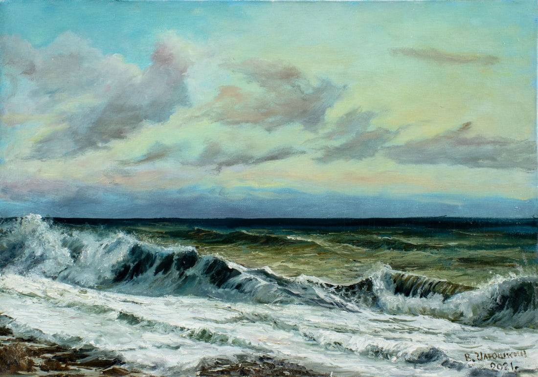 Viktor Ilyushkin (Russia,b 1946) oil painting: ARTIST: Viktor Nikolayevich Ilyushkin (Russian, born 1946) TITLE: Seascape - After Storm (titled on verso) YEAR: 2021 MEDIUM: oil on canvas CONDITION: Un
