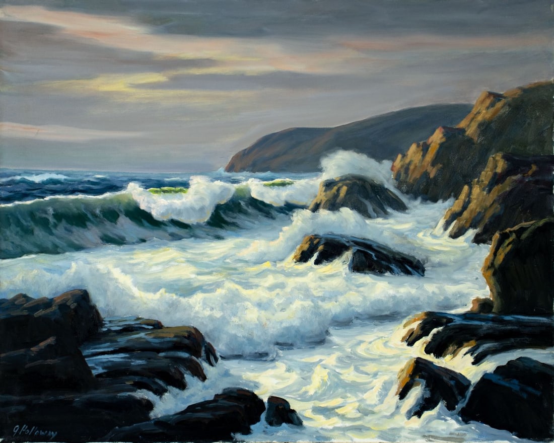 George Holloway (NJ,20C) oil painting: ARTIST: George Holloway (New Jersey, 20 century) TITLE: Sunset Seascape MEDIUM: oil on canvas CONDITION: Missing a few flakes of paint mostly on the sky. No visible inpaint