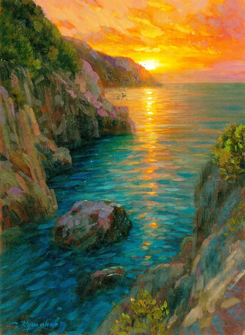 Sergey Kushanov (Ukraine,20/21C) oil painting: ARTIST: Sergey Kushanov (Ukrainian, 20/21 centuries) TITLE: Sunset Rocky Coast Seascape MEDIUM: oil on heavy paper CONDITION: Very good. No visible inpaint under UV light.