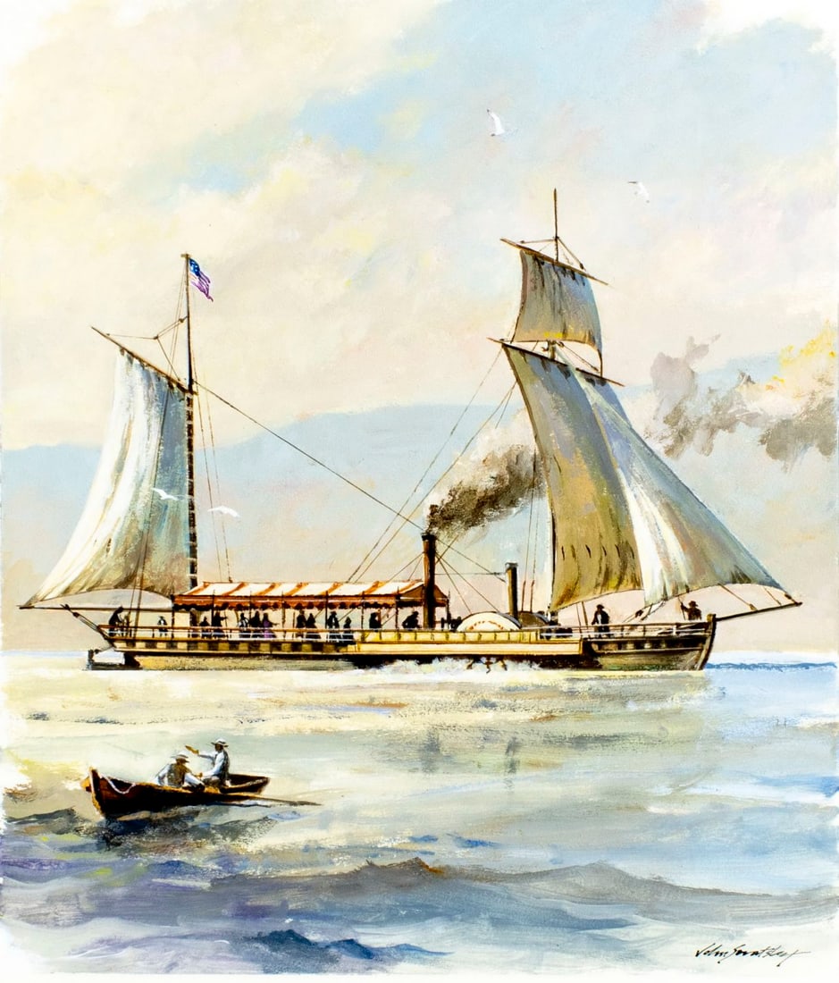 John Swatsley (CA,1937-?) gouache painting: ARTIST: John Swatsley (California, 1937 - ???) TITLE: Steamboat - Paragon (titled on verso) YEAR: 1989 MEDIUM: gouache on board CONDITION: Minor damage