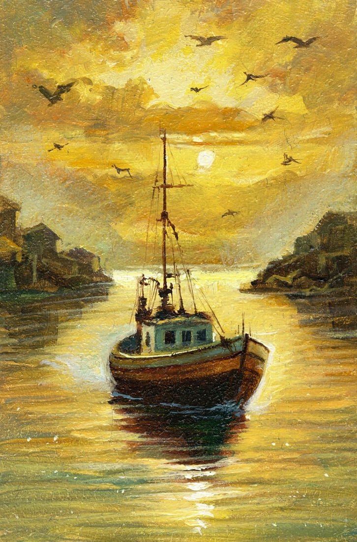 Sergey Kozachkin (Ukraine,b 1965) oil painting: ARTIST: Sergey Vasilievich Kozachkin (Ukraine, born 1965) TITLE: Sunset Seascape with Fishing Boat MEDIUM: oil on board CONDITION: Very good. No visible inpaint under UV lig
