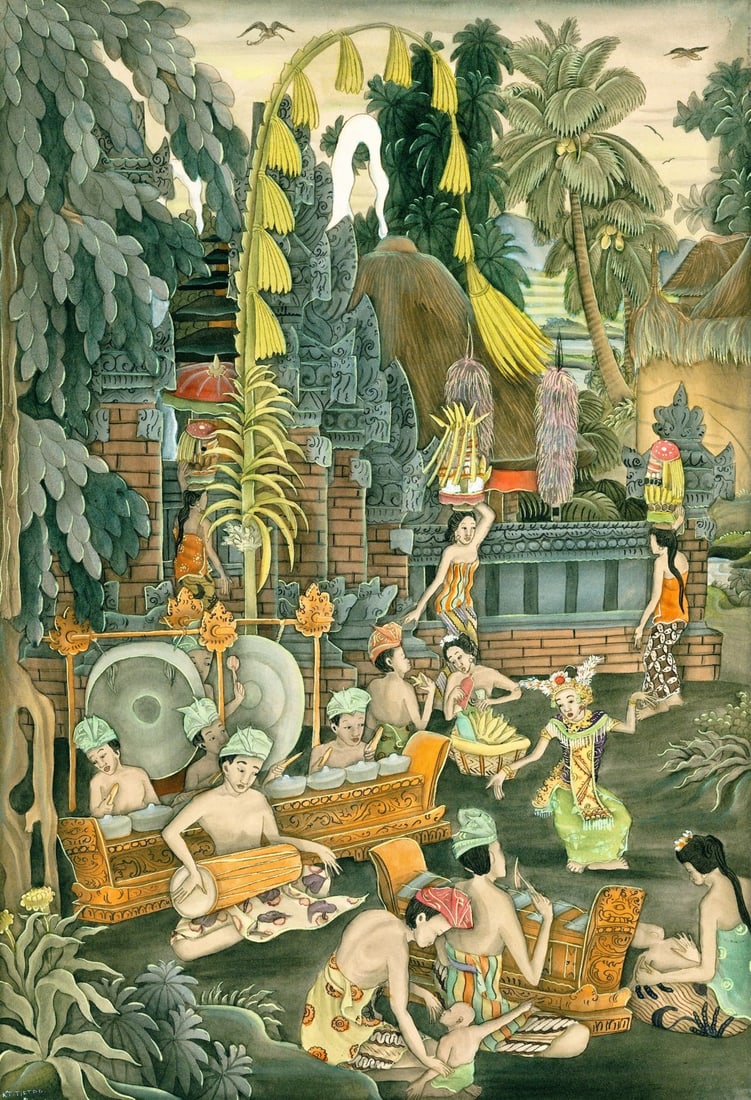 Ketut Tjetag (Indonesia,20C) watercolor painting: ARTIST: Ketut Tjetag (Indonesian, 20 century) TITLE: Indonesian Landscape MEDIUM: watercolor on paper CONDITION: Minor damages to corners. Some age toning. ART SI