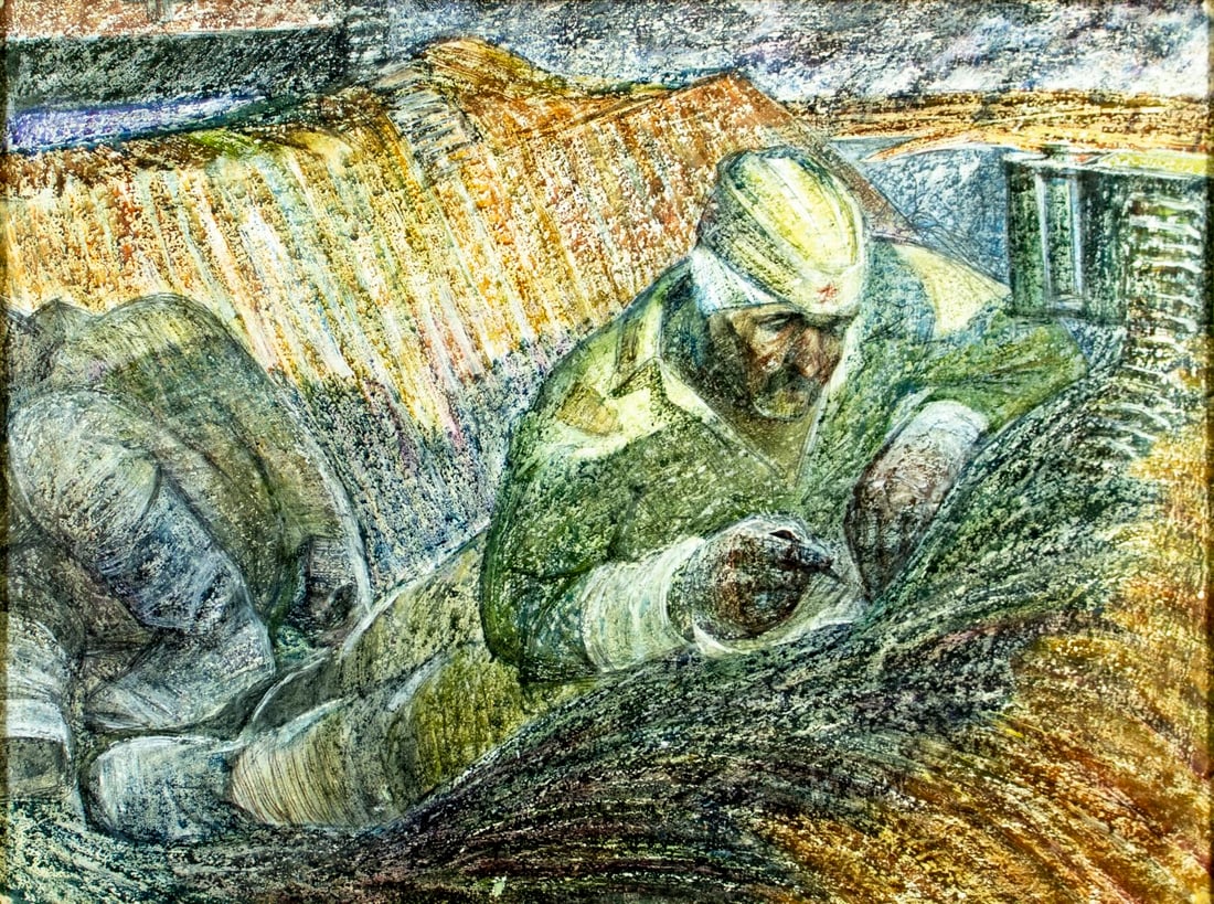 Oleg Lyatomsky (Ukrane,1939-?) mixed media painting: ARTIST: Oleg Lyatomsky (Ukranian, 1939 - ???) TITLE: The Last Letter MEDIUM: mixed media on heavy paper CONDITION: Few nail holes by the corners. Some paint losses mostly al