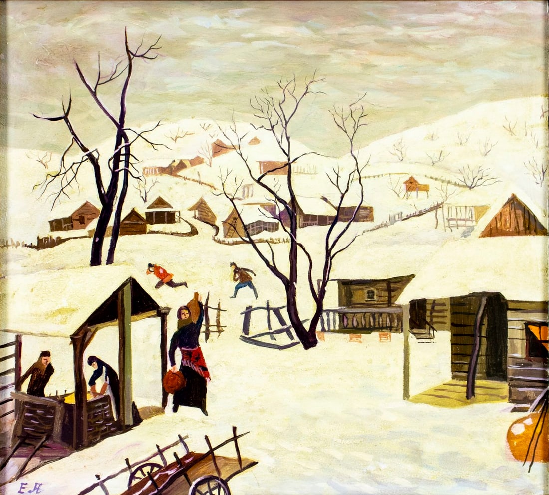 AFTER Helene Akhvlediani (Tbilisi,GA,1898-1975) oil painting: ARTIST: AFTER Helene Akhvlediani (Tbilisi, Georgia, 1898 - 1975) TITLE: Winter Village Landscape MEDIUM: oil on board CONDITION: Overall good. No visible inpaint under UV
