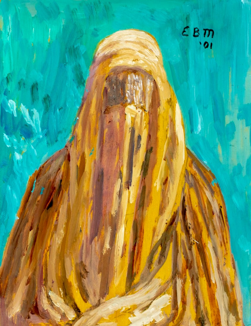 Evelyn Metzger (NY,Brazil,1911-2007) oil painting: ARTIST: Evelyn Borchard Metzger (New York, Brazilian, 1911 - 2007) TITLE: Middle Eastern Woman in Veil YEAR: 2001 MEDIUM: oil on board CONDITION: Few min