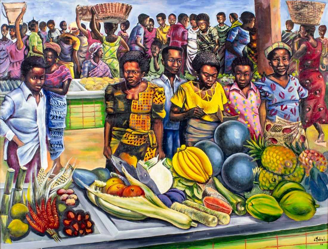 L Mabiala (Congo,20C) oil painting: ARTIST: L Mabiala (Congo, 20 century) TITLE: Congolese Market Scene YEAR: 1990 MEDIUM: oil on canvas CONDITION: Two small patches. Small paint losses mos