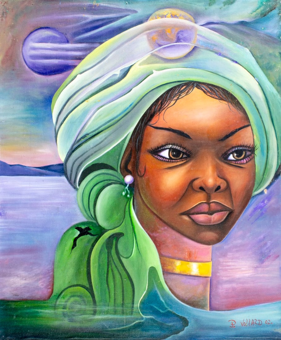 P Vollard (Haiti,20/21C) oil painting: ARTIST: P Vollard (Haitian, 20/21 centuries) TITLE: Portrait of Haitian Woman YEAR: 2002 MEDIUM: oil on canvas CONDITION: Some scratches/paint losses. No