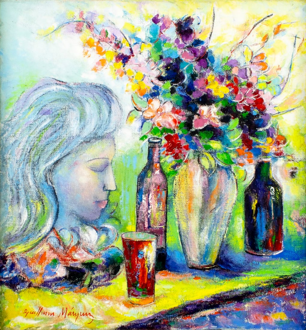 Guillermo Marquez (Venezuela,1944-?) oil painting: ARTIST: Guillermo Marquez (Venezuelan, 1944 - ???) TITLE: Woman with Vase of Flowers MEDIUM: oil on canvas CONDITION: Few minor paint losses. Minor craquelure. No visible