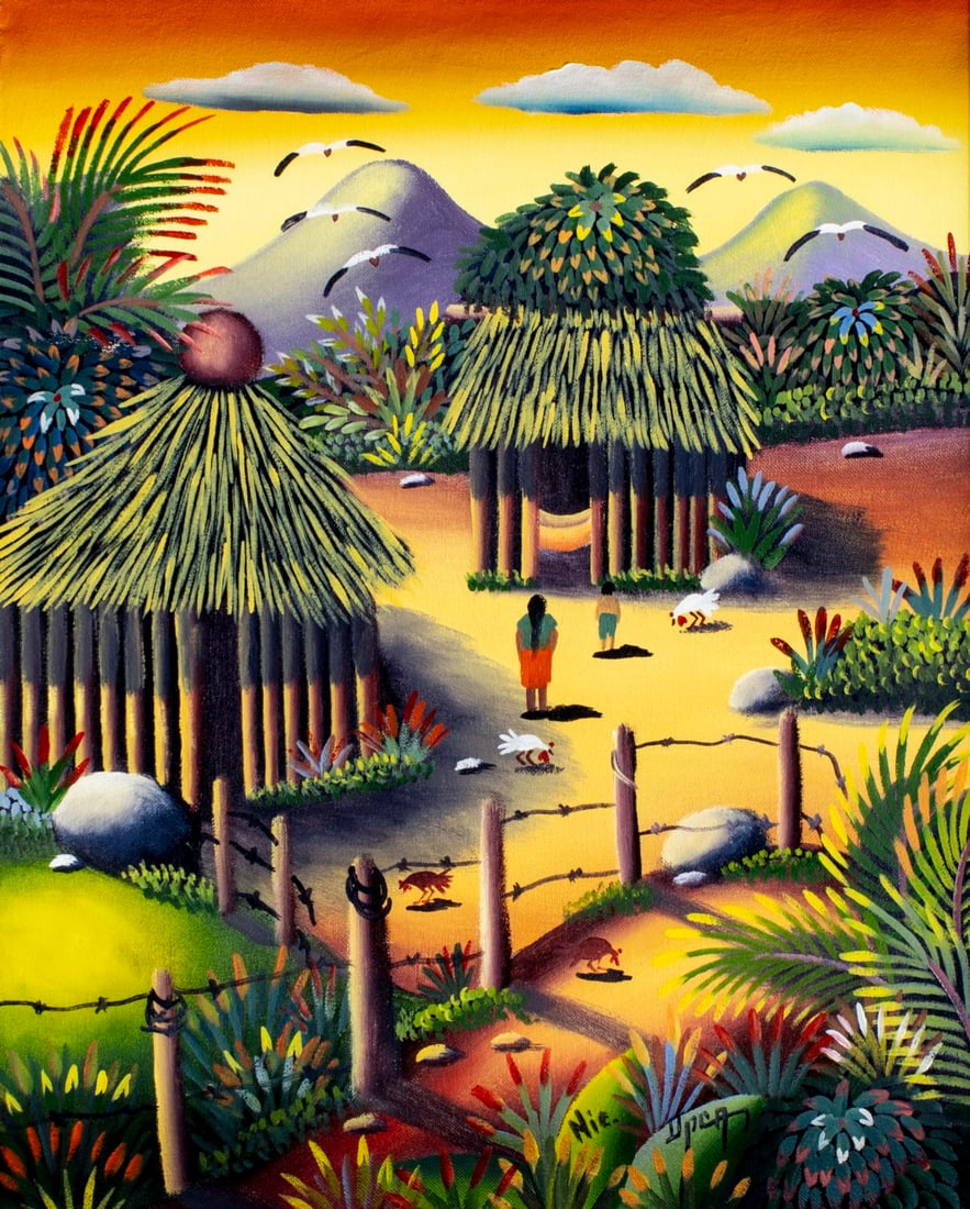 Vintage 20C Nicaraguan oil painting signed: ARTIST: - (Nicaragua, 20 century) TITLE: Nicaraguan Village Landscape MEDIUM: oil on canvas CONDITION: Few very minor paint losses. No visible inpaint under UV light. <