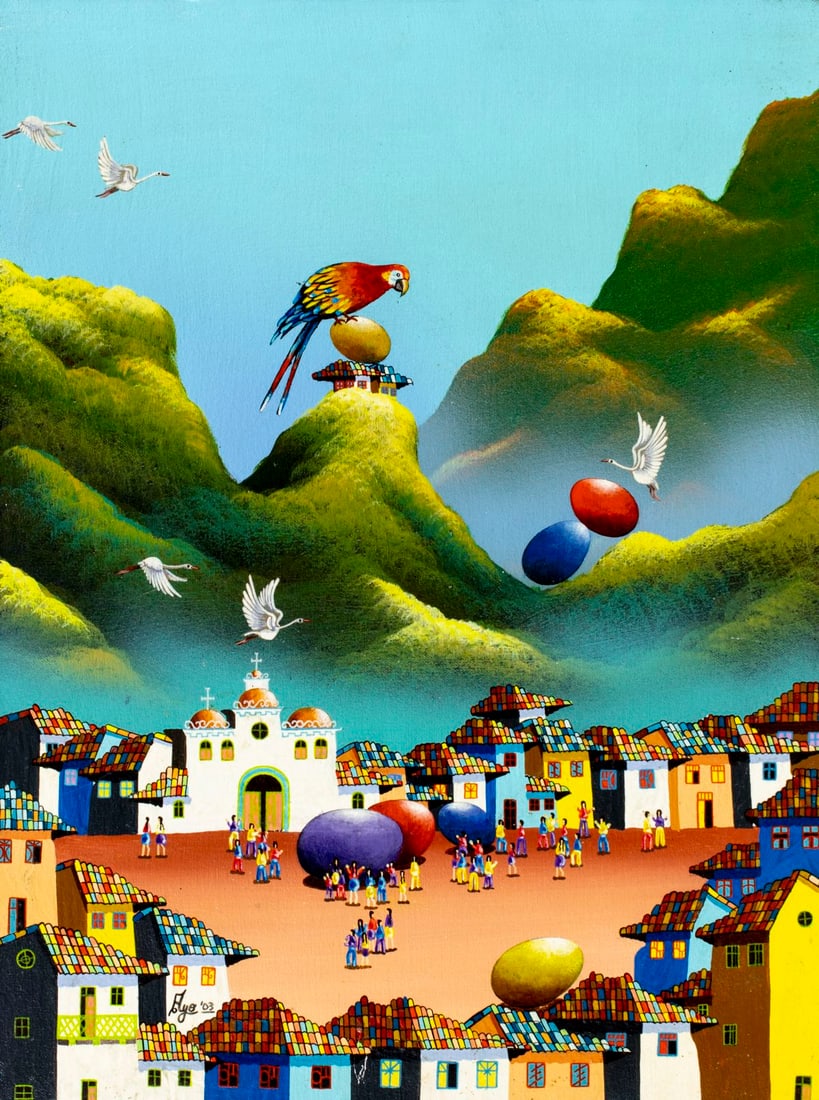 Ayo (Ecuador,20/21C) oil painting: ARTIST: Ayo (Ecuadorian, 20/21 centuries) TITLE: Ecuadorian Surrealist Village Landscape YEAR: 2003 MEDIUM: oil on canvas CONDITION: Overall good. No vis
