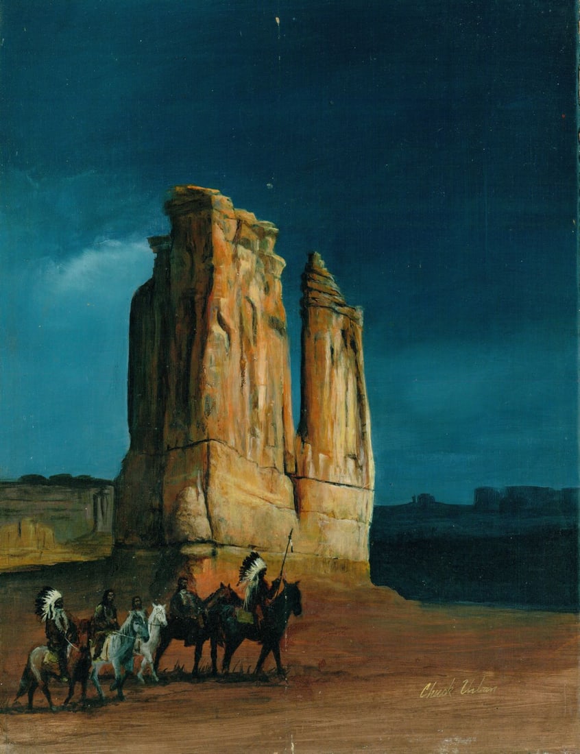 Chuck Urban (US,20C) oil painting: ARTIST: Chuck Urban (American, 20 century) TITLE: Indian Men on Horses MEDIUM: oil on board CONDITION: Some scratches/paint losses. Minor craquelure. Some scattered small in