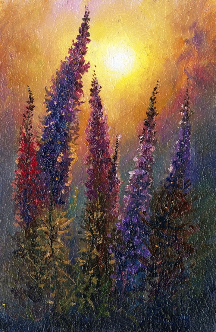 Sergey Kozachkin (Ukraine,b 1965) oil painting: ARTIST: Sergey Vasilievich Kozachkin (Ukrainian, born 1965) TITLE: Sunset Landscape with Flowers MEDIUM: oil on board CONDITION: Very good. No visible inpaint under UV light