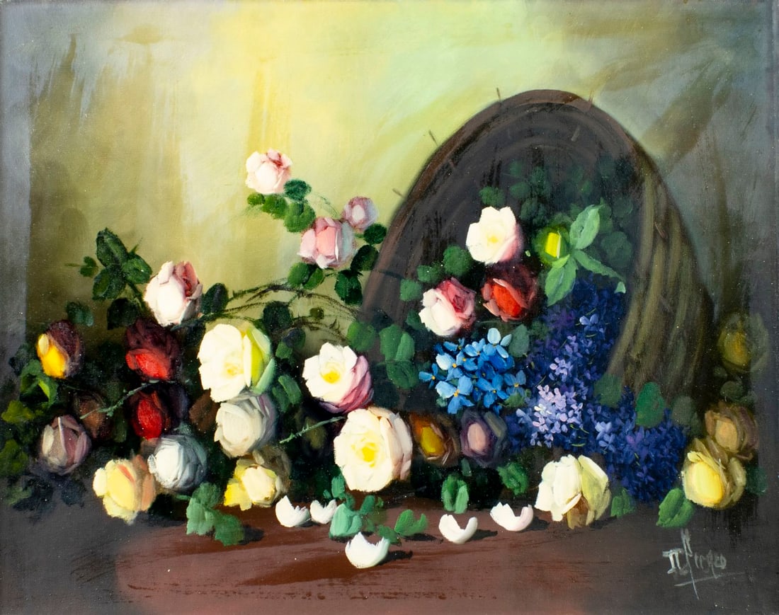 I Picero (Europe,20C) oil painting: ARTIST: I Picero (European, 20 century) TITLE: Still Life with Flower Basket MEDIUM: oil on canvas CONDITION: Unstretched (In-House stretching available) (In-House stretchin