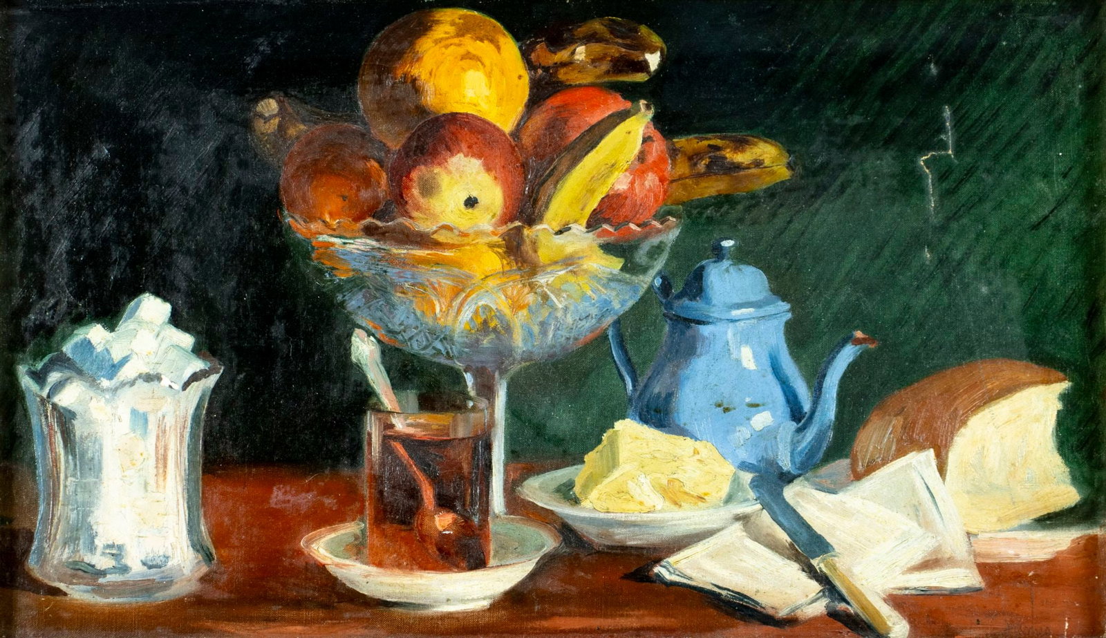 Vintage mid 20C European oil painting signed: ARTIST: - (Europe, mid 20 century) TITLE: Tabletop Still Life MEDIUM: oil on canvas CONDITION: Few patches. Some scratches/paint losses. Minor craquelure. Some scattered m