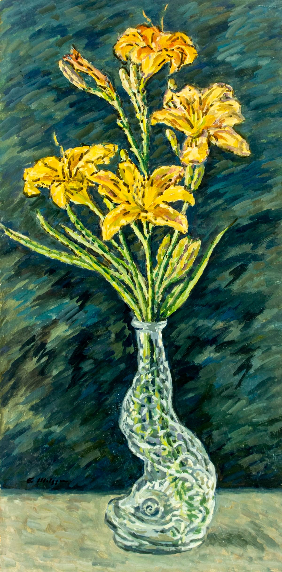 Evelyn Metzger (NY,Brazil,1911-2007) oil painting: ARTIST: Evelyn Borchard Metzger (New York, Brazilian, 1911 - 2007) TITLE: Still Life with Vase of Flowers MEDIUM: oil on board CONDITION: Minor damages to corners. Some scra