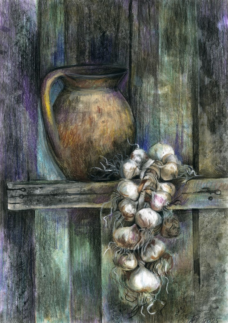Julia Abramova (Ukraine,20/21C) pastel painting: ARTIST: Julia Abramova (Ukrainian, 20/21 centuries) TITLE: Still Life with Jug and Garlic MEDIUM: pastel on heavy paper CONDITION: Very good. ART SIZE: 1