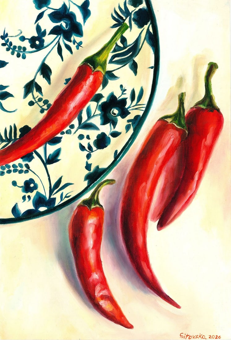 Anna Sitovska (Ukraine,20/21C) oil painting: ARTIST: Anna Sitovska (Ukrainian, 20/21 centuries) TITLE: Still Life with Red Peppers MEDIUM: oil on heavy paper CONDITION: Very good. No visible inpaint under UV light.