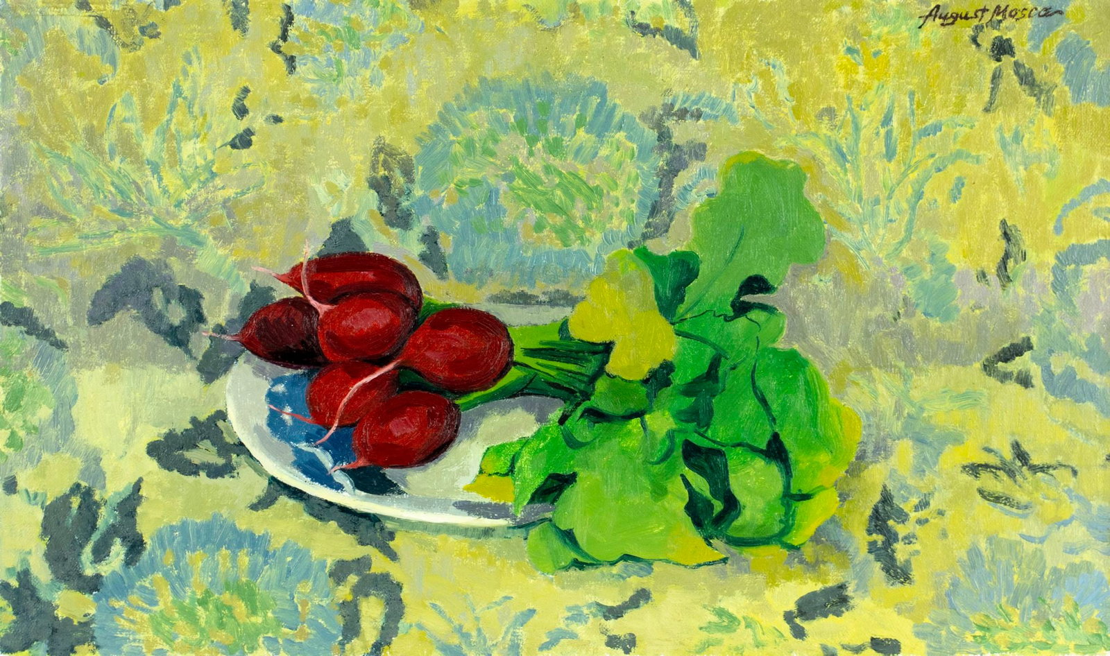 August Mosca (CT,NY,Italy,1909-2002) oil painting: ARTIST: August Mosca (Connecticut, New York, Italian, 1909 - 2002) TITLE: Still Life with Radishes (titled on label) MEDIUM: oil on canvas CONDITION: Few minor paint losse