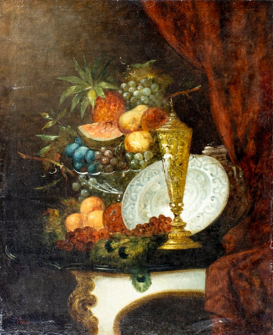 Venlo (Europe,19C) oil painting antique: ARTIST: Venlo (European, 19 century) TITLE: Still Life with Fruit MEDIUM: oil on canvas CONDITION: Few scratches/paint losses. Some craquelure. Some scattered inpaintings. N