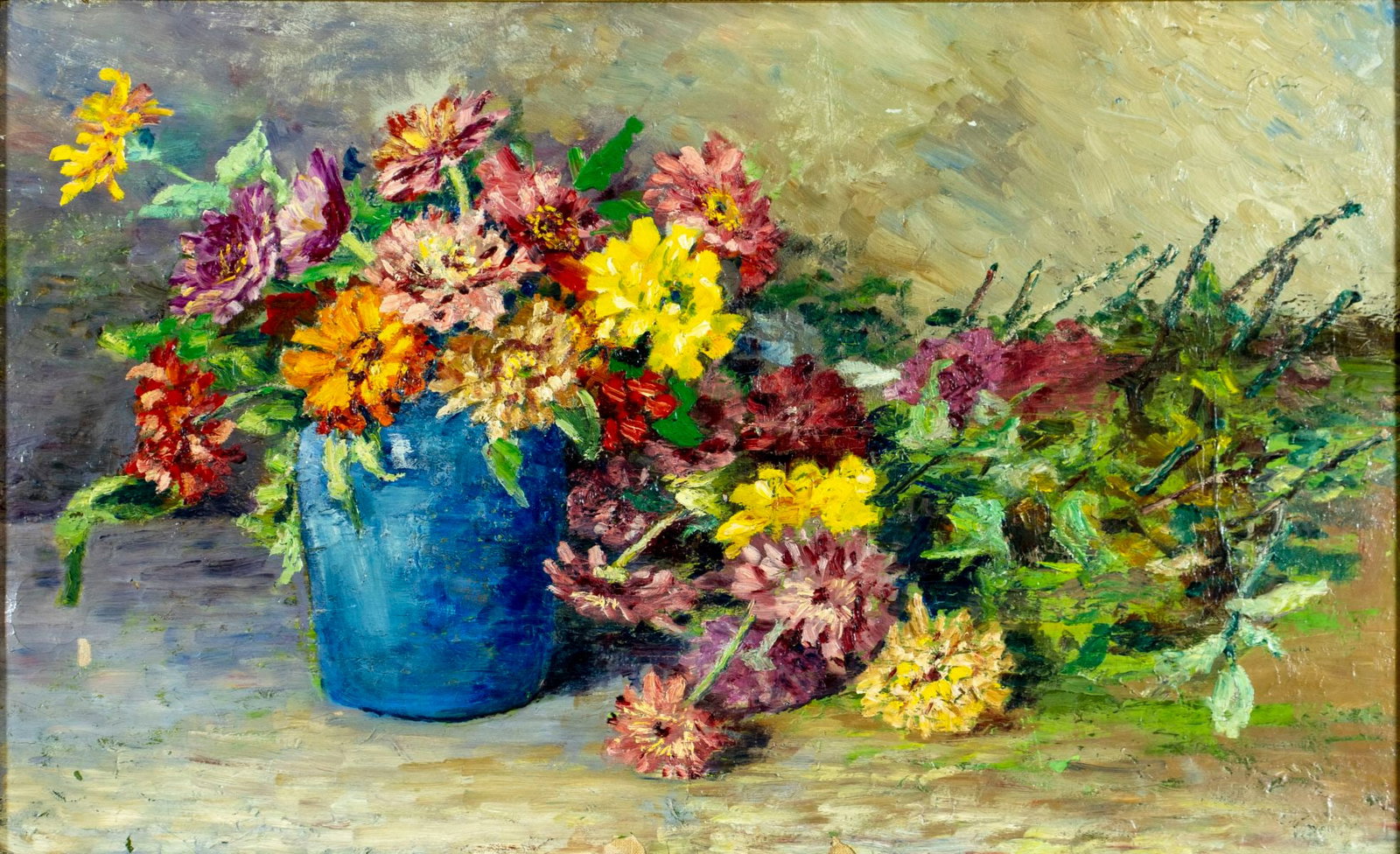 Vintage mid 20C American oil painting: ARTIST: - (American, mid 20 century) TITLE: Floral Still Life MEDIUM: oil on canvas. Canvas applied to board. CONDITION: Some paint losses. Minor craquelure. No visible in