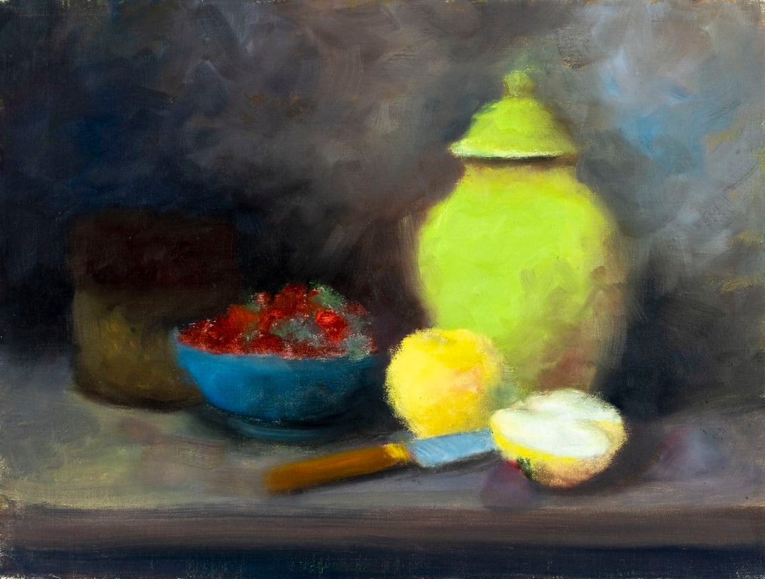 W Pater (US,20C) oil painting: ARTIST: W Pater (American, 20 century) TITLE: Still Life with Urn, Strawberries and Apple MEDIUM: oil on canvas CONDITION: Overall good. No visible inpaint under UV light. N