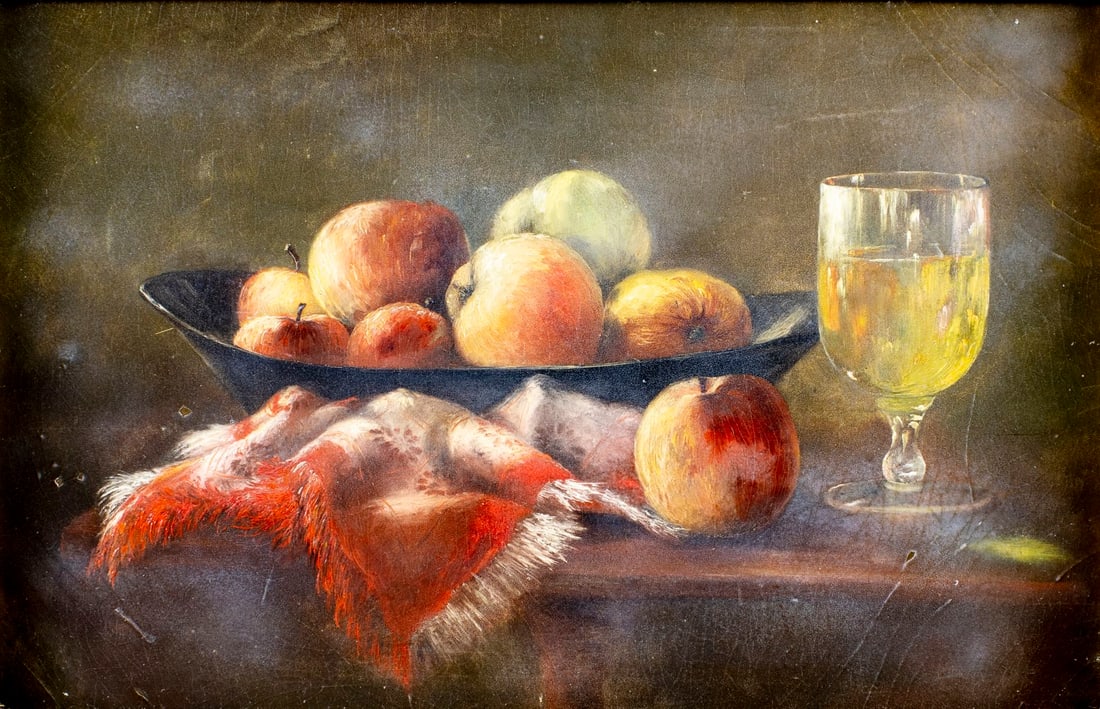 Antique early 20C American oil painting: ARTIST: - (American, early 20 century) TITLE: Still Life with Glass and Apples MEDIUM: oil on board CONDITION: Some small paint losses. Some craquelure. No visible inpaint