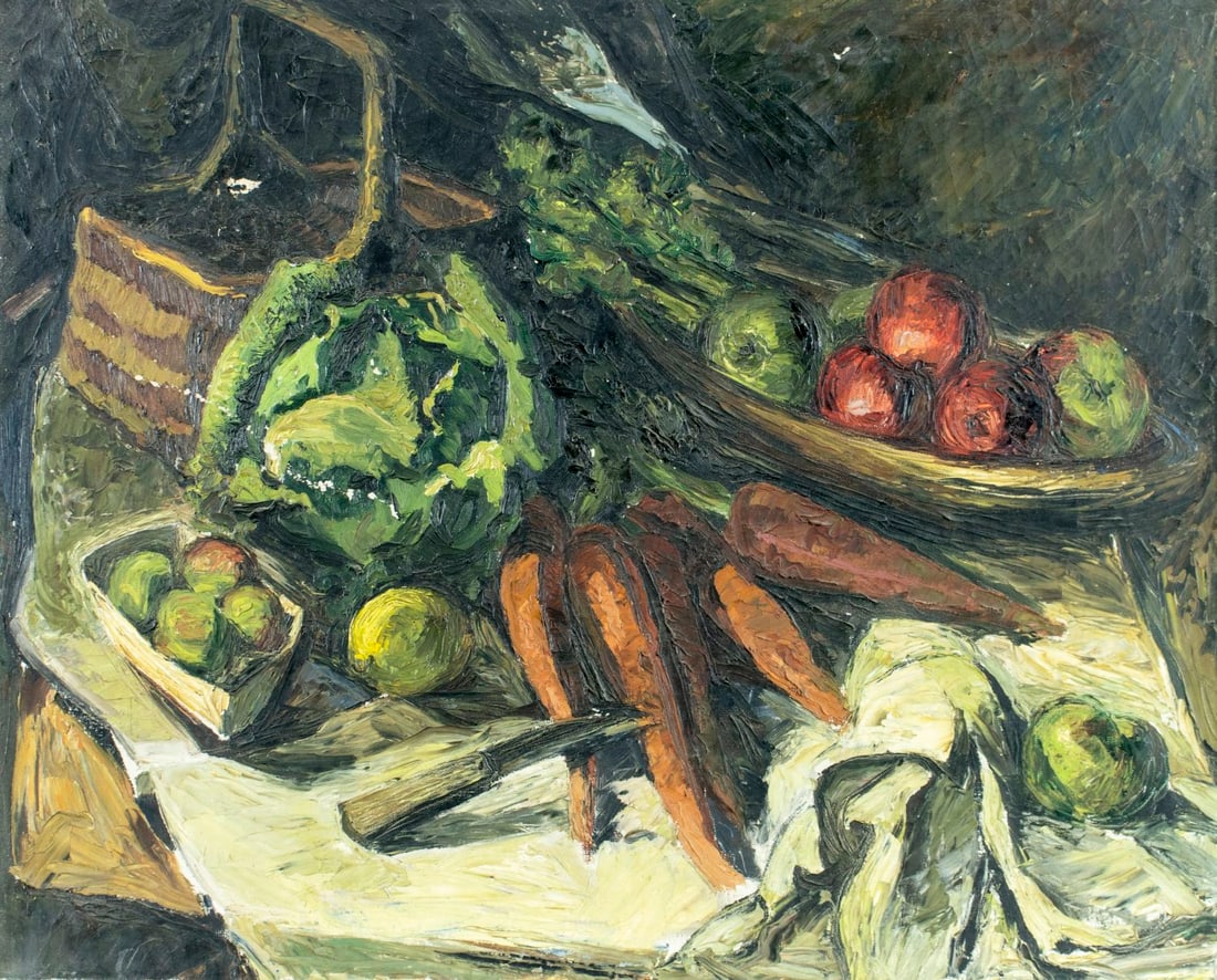 Antique early 20C American oil painting: ARTIST: - (American, early 20 century) TITLE: Still Life with Vegetables MEDIUM: oil on canvas CONDITION: Some scratches/paint losses mostly in the upper left quadrant. So