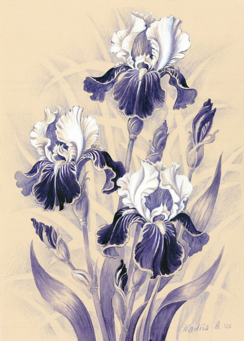 Nadiia Afanasyenko (Ukraine,20/21C) watercolor painting: ARTIST: Nadiia Afanasyenko (Ukrainian, 20/21 centuries) TITLE: Still Life with Irises MEDIUM: watercolor on heavy paper CONDITION: Very good. ART SIZE: 1