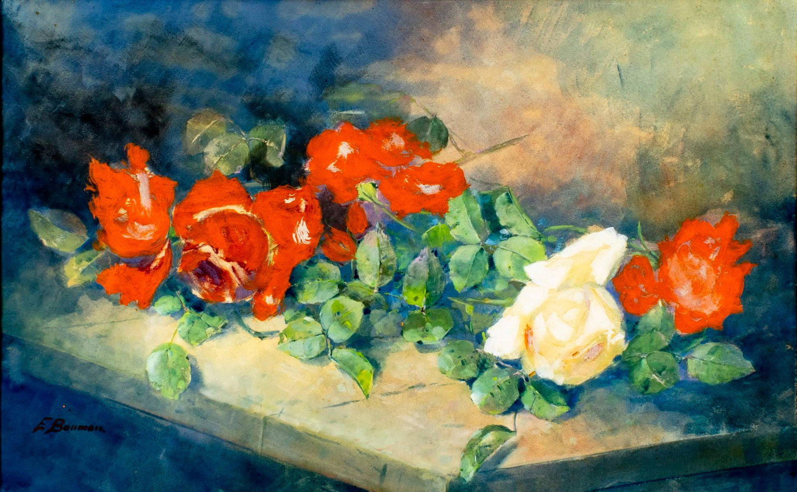 E Bauman (US,early 20C) gouache painting antique: ARTIST: E Bauman (American, early 20 century) TITLE: Still Life with Roses MEDIUM: gouache on paper. Paper applied to board. CONDITION: Few minor scratches/paint losses.