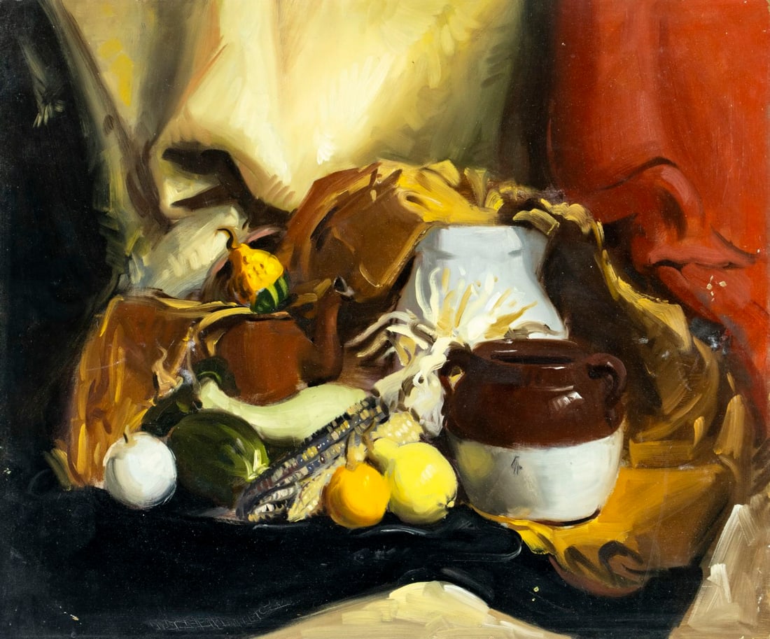 Vintage 20C American oil painting: ARTIST: - (American, 20 century) TITLE: Still Life with Jugs and Vegetables MEDIUM: oil on board CONDITION: Minor damages to corners. Some small scratches/paint losses mos