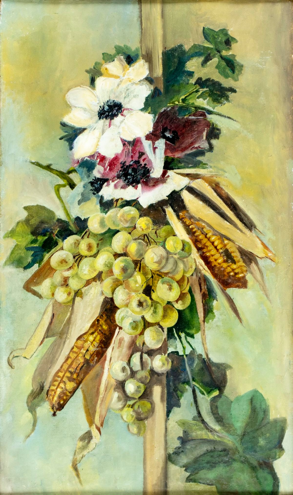 Vintage 20C American oil painting: ARTIST: - (American, 20 century) TITLE: Still Life with Flowers, Grapes and Corn MEDIUM: oil on canvas CONDITION: Some paint losses. Some scattered inpaintings. Minor dama