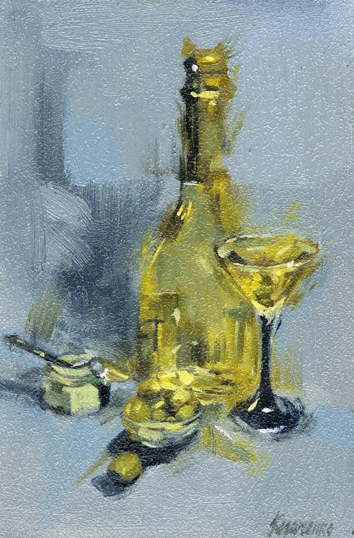 Olga Kozachenko (Ukraine,b 2004) oil painting: ARTIST: Olga Kozachenko (Ukraine, born 2004) TITLE: Still Life with Bottle and Glass MEDIUM: oil on board CONDITION: Very good. No visible inpaint under UV light.
