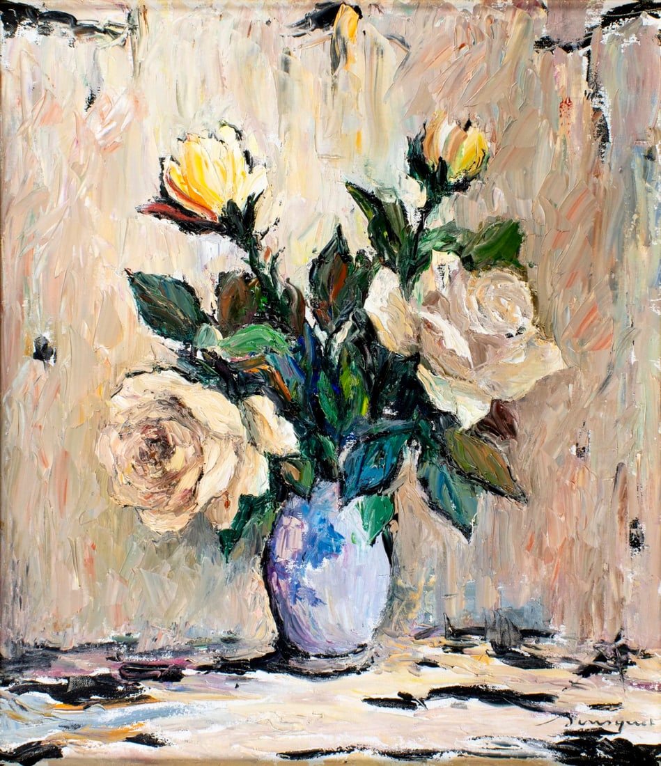 Georges Bousquet (France,1904-1976) oil painting: ARTIST: Georges Bousquet (French, 1904 - 1976) TITLE: Still Life with Vase of Roses MEDIUM: oil on canvas CONDITION: Very good. No visible inpaint under UV light. Wear to fr