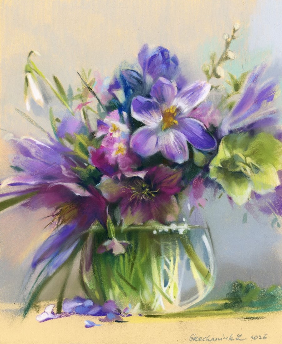 Zoya Grechanyuk (Ukraine,b 1977) pastel painting: ARTIST: Zoya Grechanyuk (Ukrainian, born 1977) TITLE: Still Life with Vase of Flowers MEDIUM: pastel on heavy paper CONDITION: Very good. ART SIZE: 9 x 7