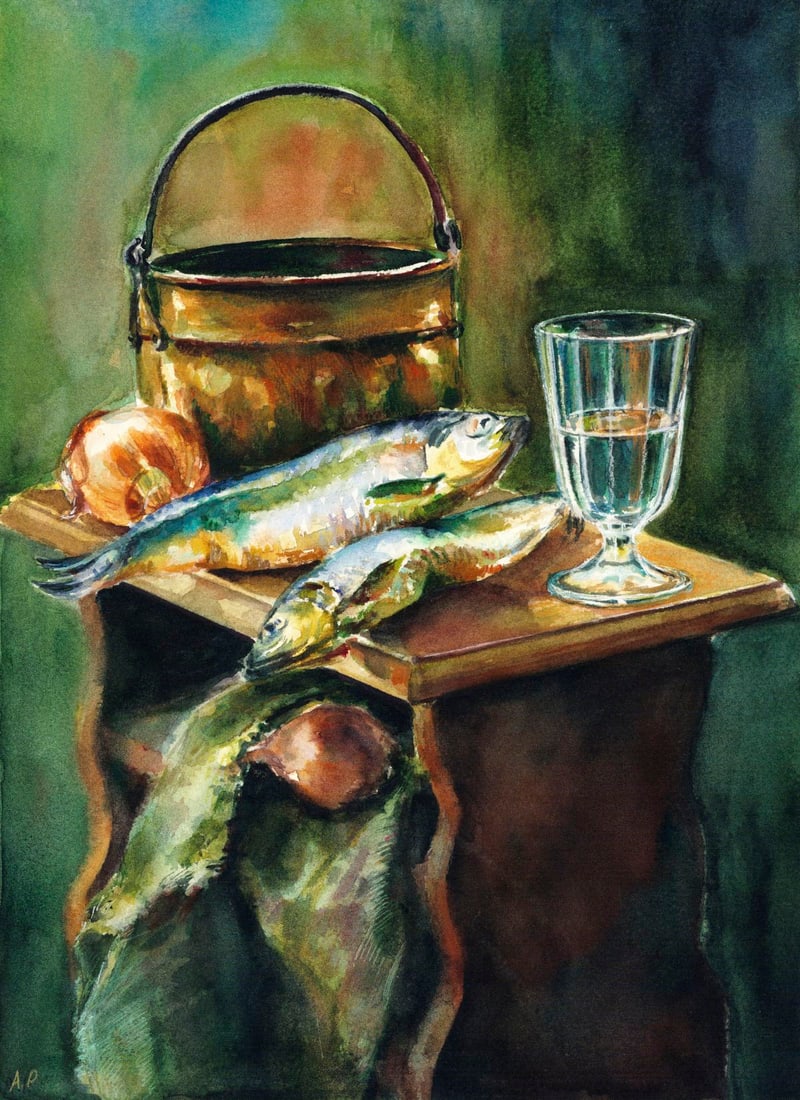 Angelina Potyomkina (Ukraine,20/21C) watercolor painting: ARTIST: Angelina Potyomkina (Ukraine, 20/21 centuries) TITLE: Still Life with Fish and Onions MEDIUM: watercolor on heavy paper CONDITION: Very good. ART SIZE: