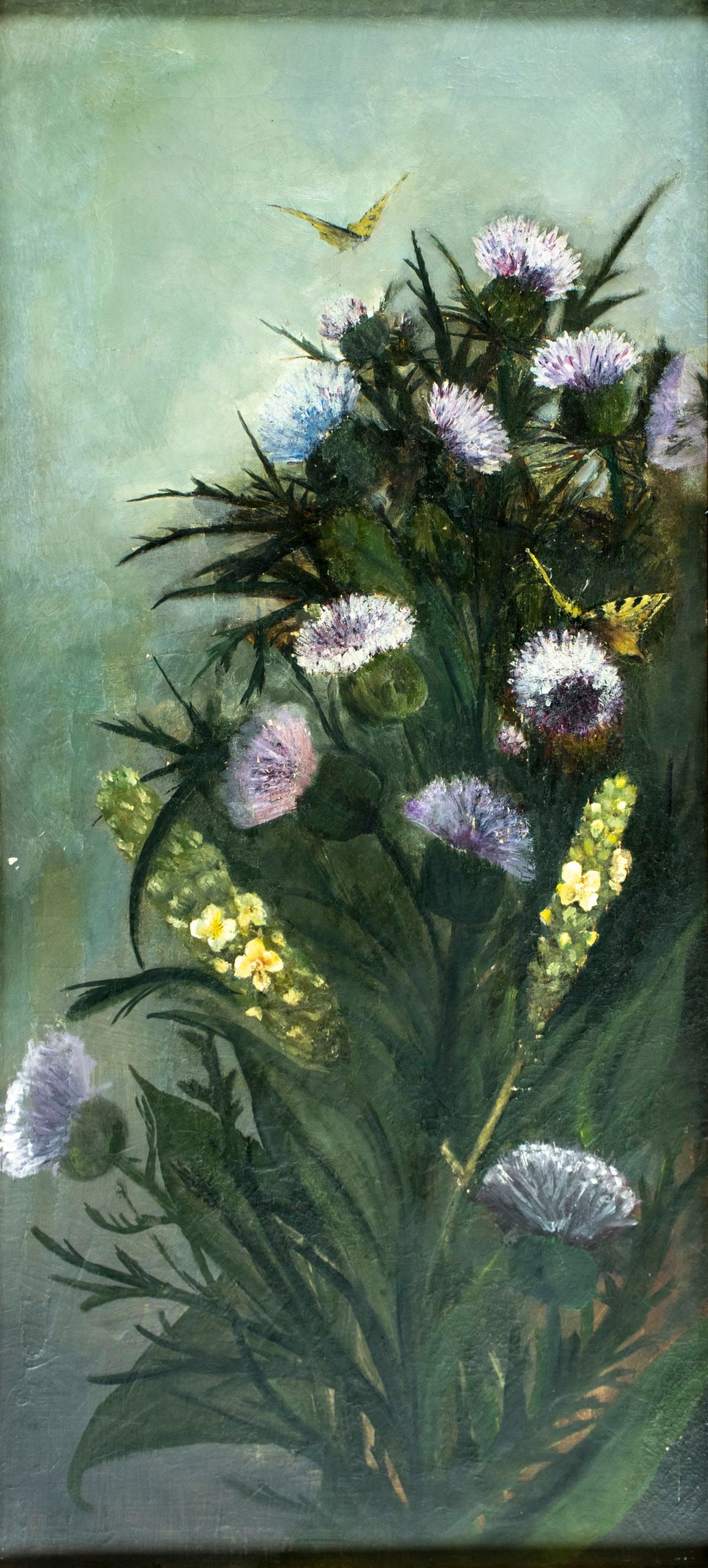 Antique 19C American oil painting: ARTIST: - (American, 19 century) TITLE: Still Life with Flowers MEDIUM: oil on canvas CONDITION: Relined. Some scratches/paint losses. Some craquelure. Some scattered inpa