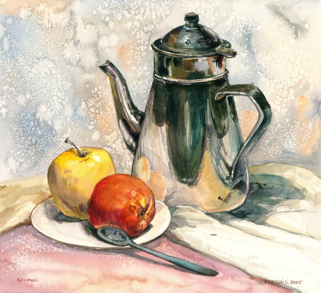 Oleksandr Korovai (Ukraine,20/21C) watercolor painting: ARTIST: Oleksandr Korovai (Ukraine, 20/21 centuries) TITLE: Still Life with Teapot and Apples MEDIUM: watercolor on heavy paper CONDITION: Very good. ART SIZE: