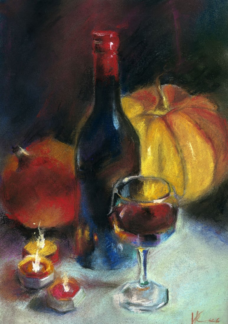 Ksenia Vasilchenko (Ukraine,b 1996) pastel painting: ARTIST: Ksenia Vasilchenko (Ukrainian, born 1996) TITLE: Still Life with Wine and Pumpkins MEDIUM: pastel on heavy paper CONDITION: Very good. ART SIZE: