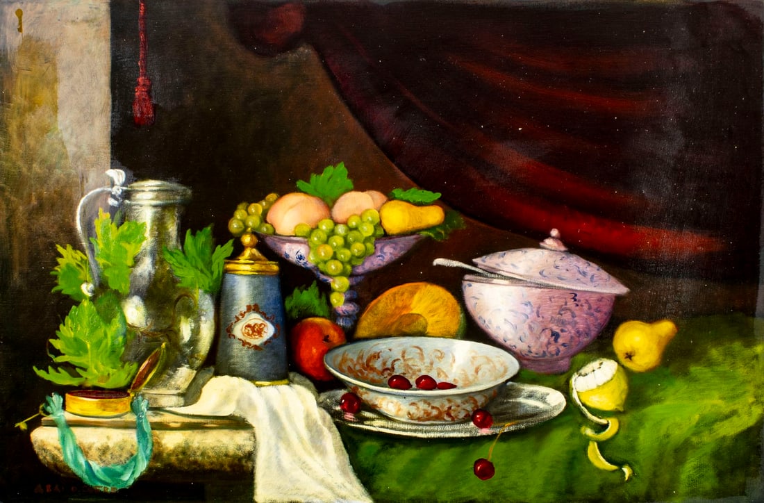 Abai D Csere (Europe,20C) oil painting: ARTIST: Abai D Csere (European, 20 century) TITLE: Tabletop Still Life MEDIUM: oil on canvas CONDITION: Unstretched (In-House stretching available) (In-House stretching avai