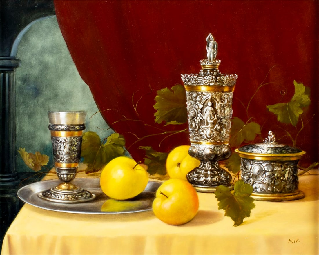 E Kiss (Hungary,20C) oil painting: ARTIST: E Kiss (Hungarian, 20 century) TITLE: Still Life with Apples and Silver Goblets MEDIUM: oil on board CONDITION: Few minor scratches/paint losses. No visible inpaint