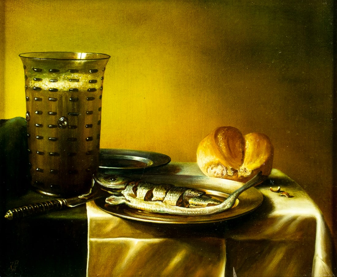 Jan Blazej Wozniak (Poland,20C) oil painting: ARTIST: Jan Blazej Wozniak (Polish, 20 century) TITLE: Still Life with Fish and Bread MEDIUM: oil on canvas CONDITION: Very good. No visible inpaint under UV light. Wear to