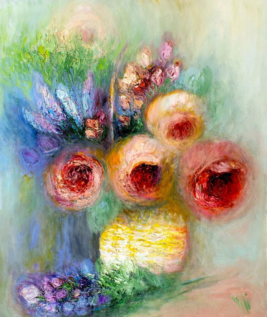 Yolanda Razzeto (Peru,1948-?) oil painting: ARTIST: Yolanda Razzeto (Peruvian, 1948 - ???) TITLE: Still Life with Vase of Flowers MEDIUM: oil on canvas CONDITION: Unstretched (In-House stretching available). Overall
